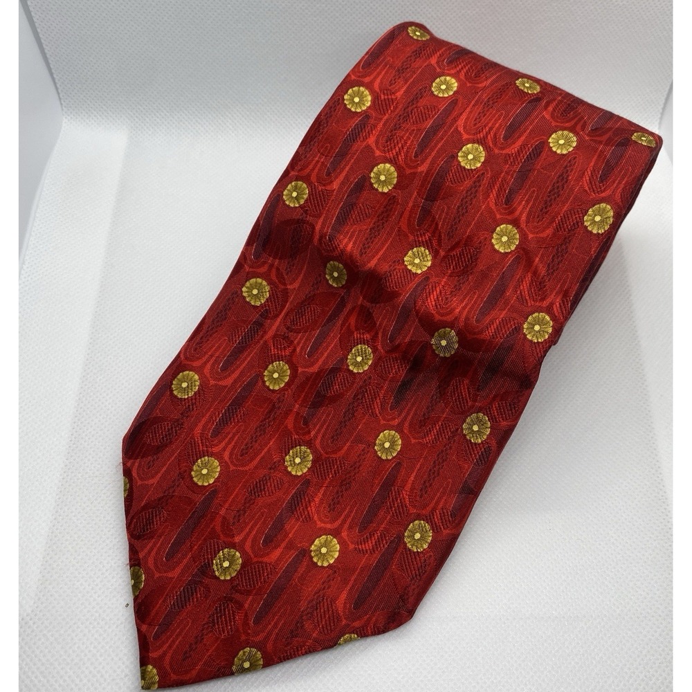 Ermenegildo Zegna Men's 100%‎ Silk Neck Tie Red Gold Flower Medallion Dot Office